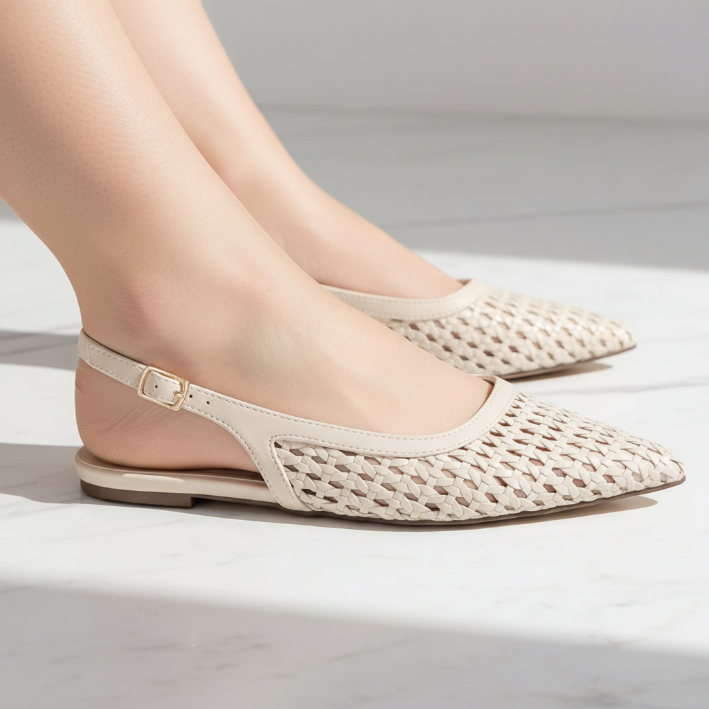 Beige Woven Slingback Pointed Toe Flat | Gold Buckle | Lattice Weave