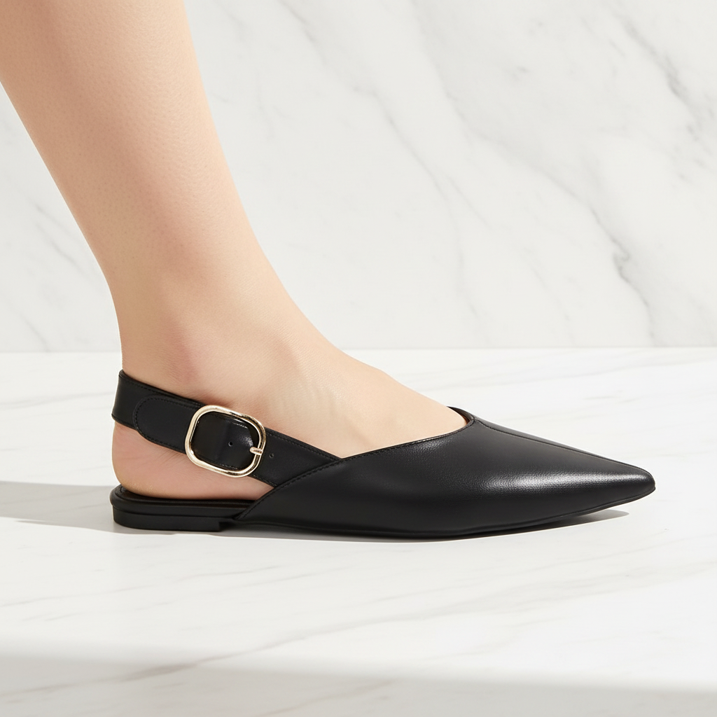 Black Slingback Pointed Toe Flat | Gold Buckle | Vegan Leather