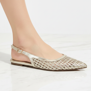 Gold Metallic Woven Slingback Pointed Toe Flat | Gold Buckle | Lattice Weave
