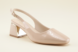 Side view Nude Square Closed Toe Slingback Low Block Heel