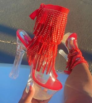 Women's Red Coloma Translucent Platform Sculptured Block Heels - Elegant Design