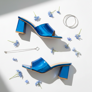 Women's Cyrillia Blue Block Heel Mule Sandals – Metallic Wide Band Slip-On | DDK Cyrillia