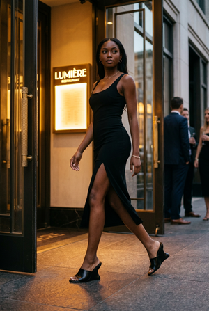 Disappear Black mule heels styled for an evening out