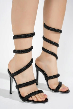 Women's Dyana Black Rhinestone Wraparound Strappy Stiletto Heels - Round Toe Sandals