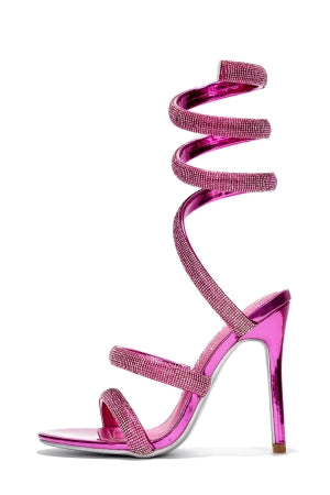 Women's Dyana Pink Rhinestone Wraparound Strappy Stiletto Heels - Round Toe Sandals