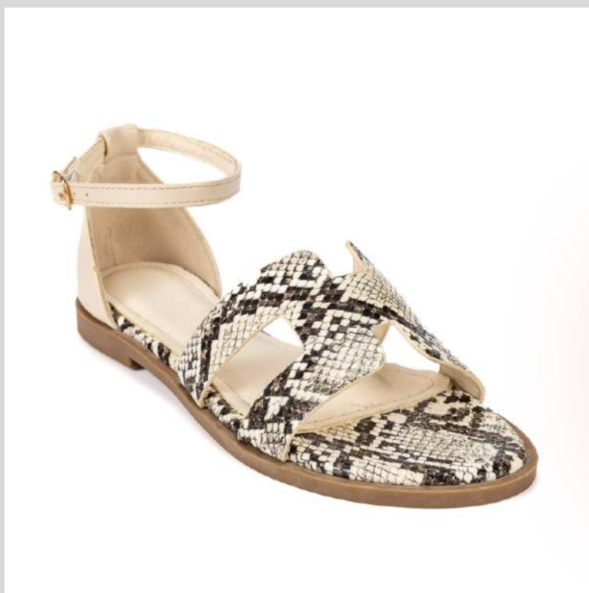 Edmond Snake Print H-Strap Flat Sandals – product shot showing cream and charcoal snake print H-strap upper with cream leather ankle strap and gold buckle on warm tan sole