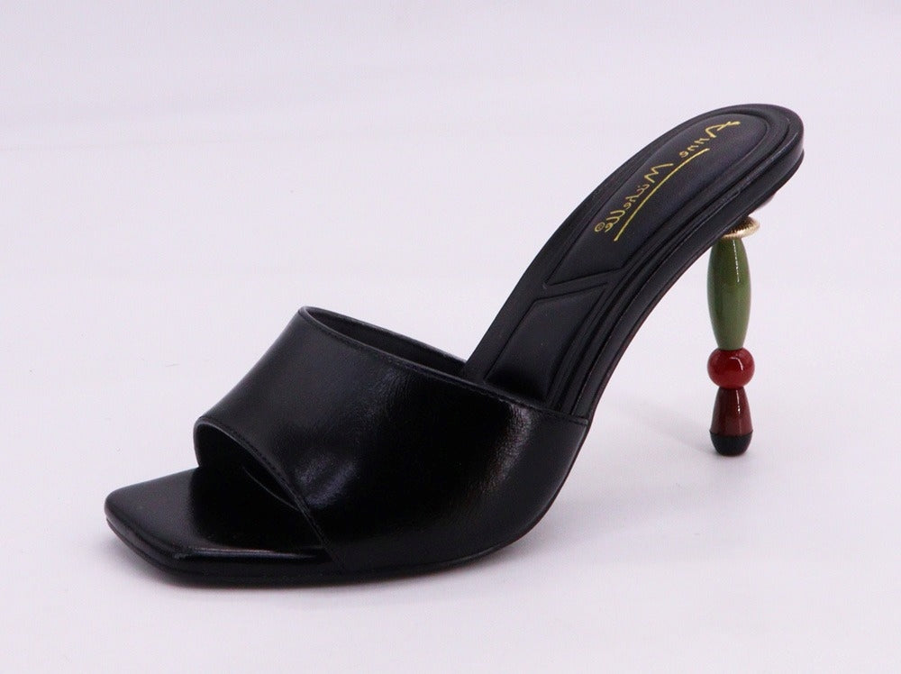 Anne Michelle Egypt Black Sculptural Mule Heels – Open Toe Slip-On Heels for Women