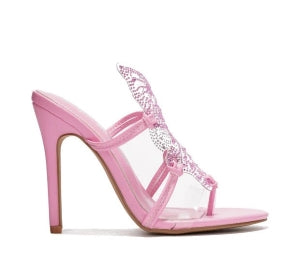 Women's Elyssa Pink Rhinestone Butterfly Strappy Mule Heels - Peep Toe Sandals