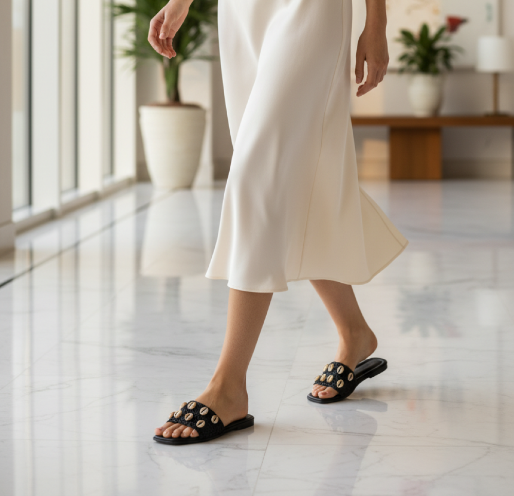 Black Cowrie Shell Raffia Flat Slide Sandals – Sandals | EstelleShoes