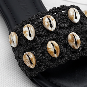 Black Cowrie Shell Raffia Flat Slide Sandals – Sandals | EstelleShoes