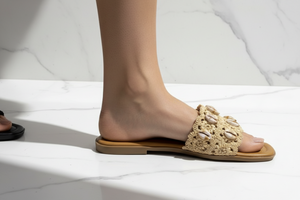  Nude Cowrie Shell Raffia Flat Slide Sandals – Boho Sandals | EstelleShoes