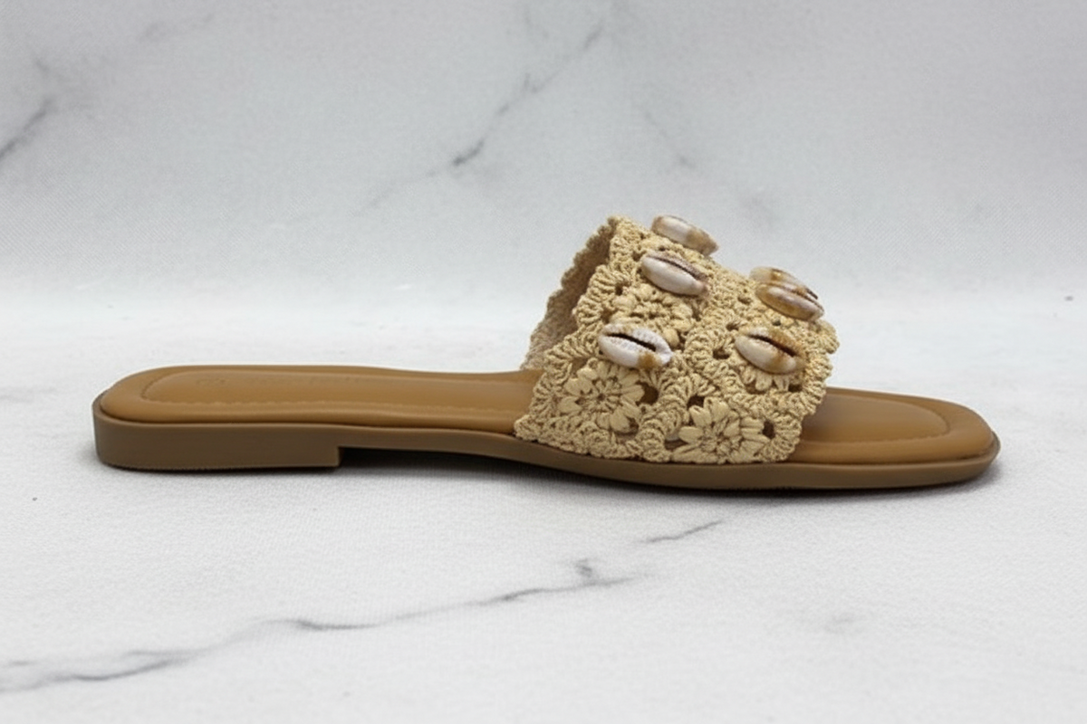  Nude Cowrie Shell Raffia Flat Slide Sandals – Boho Sandals | EstelleShoes