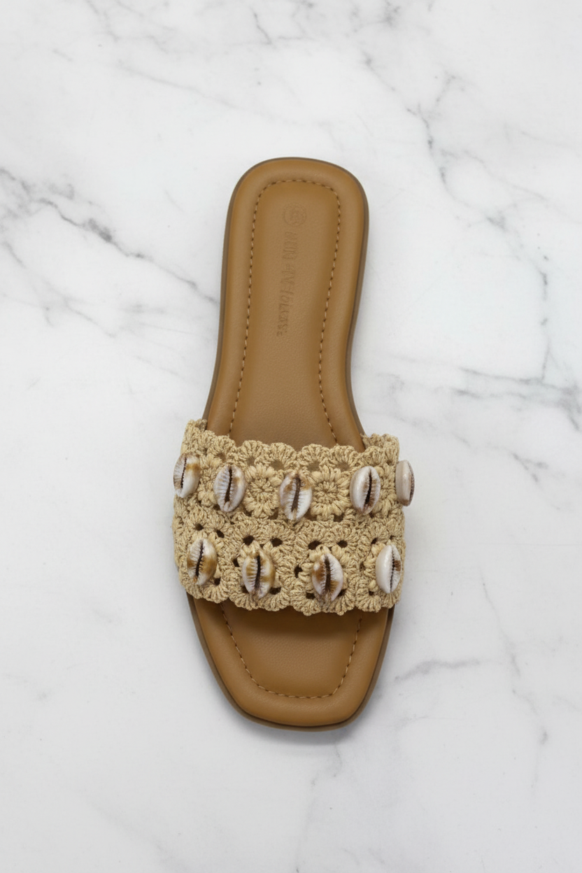  Nude Cowrie Shell Raffia Flat Slide Sandals – Boho Sandals | EstelleShoes