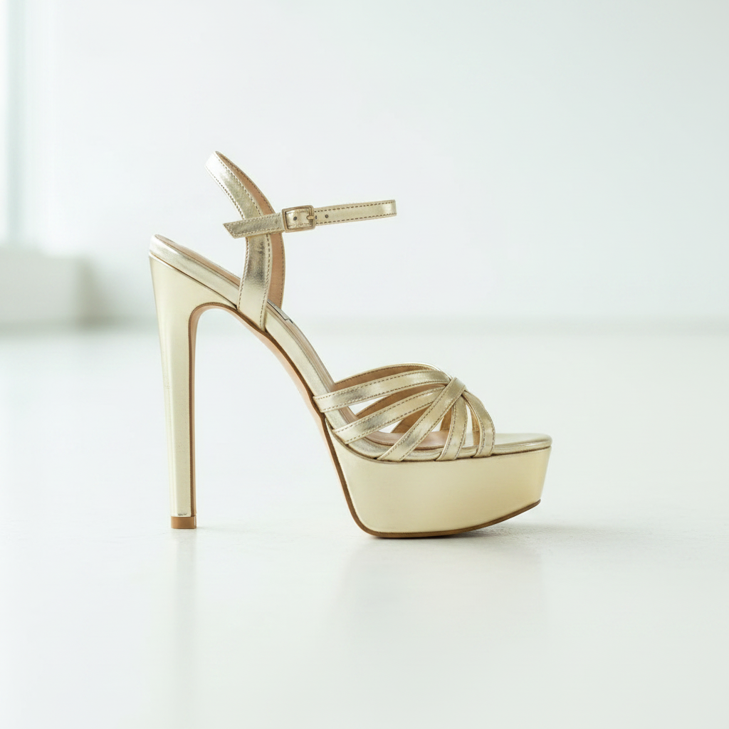 Gold Patent Platform Stiletto Heels — Women's High Heel Ankle Strap Sandals