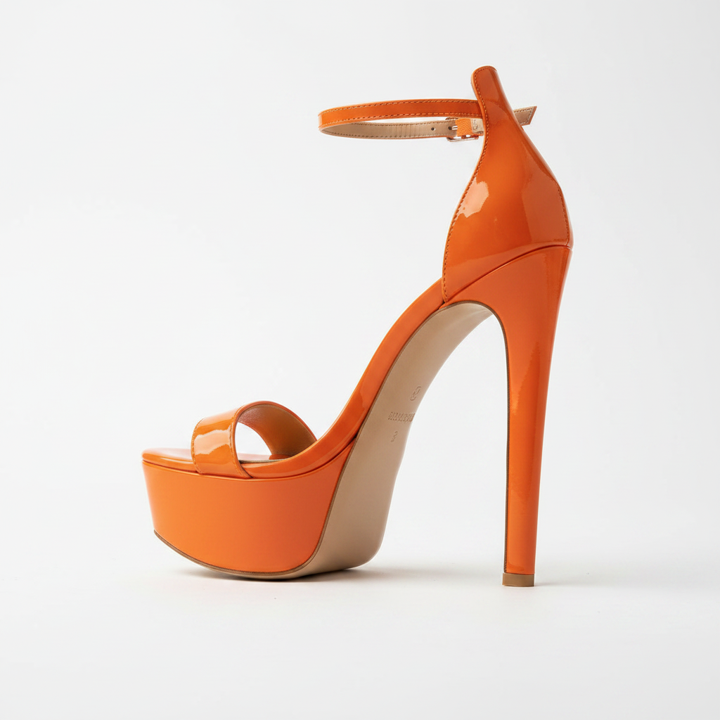 Orange Patent Platform Stiletto Heels — Women's High Heel Ankle Strap Sandals