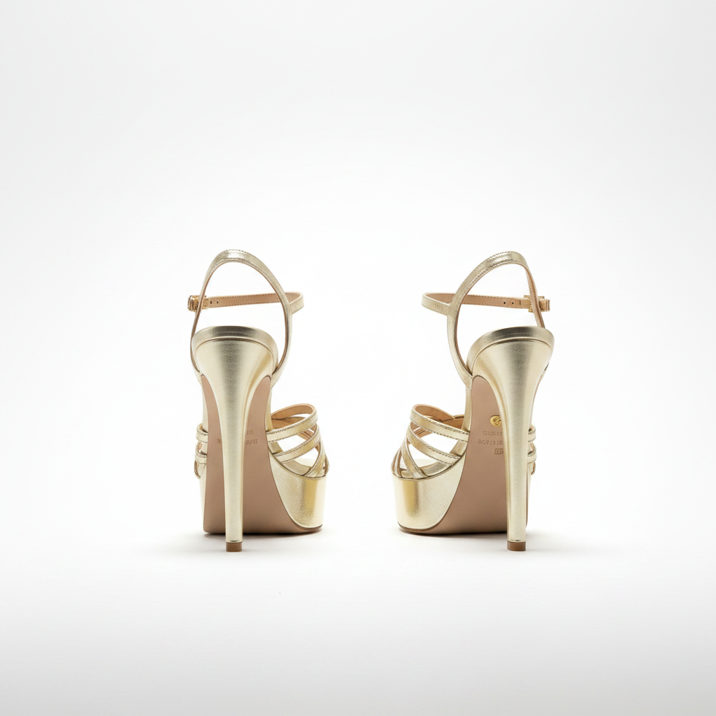 Gold Patent Platform Stiletto Heels — Women's High Heel Ankle Strap Sandals