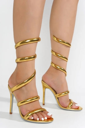 Women's Faydra Gold Ankle Wrap-Around Stiletto Heels - Open Round Toe Sandals