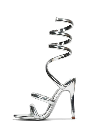 Women's Faydra Silver Ankle Wrap-Around Stiletto Heels - Open Round Toe Sandals