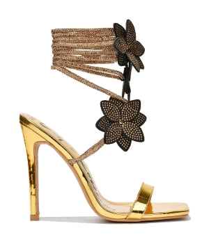 Cape Robbin Flowery Rhinestone Ankle Wrap Stiletto Heel Sandals – Gold