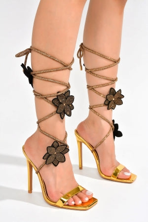 Cape Robbin Flowery Rhinestone Ankle Wrap Stiletto Heel Sandals – Gold