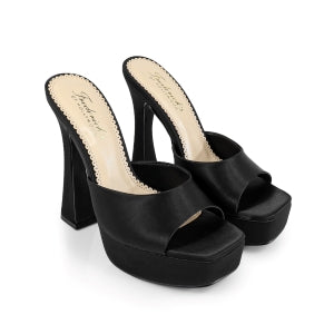 Women's Black Elaina Platform Slip-On Mules - Open Toe Flaring Block Heel