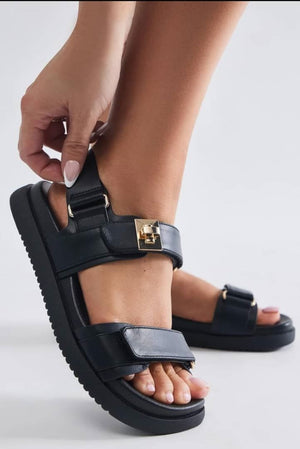 Gigi Adjustable Velcro Double Strap Chunky Sandals-Black