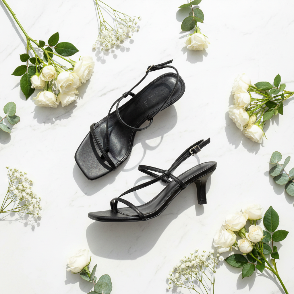 Women's Black Kitten Heel Slingback Sandals – Strappy Square Toe | DDK Glacie