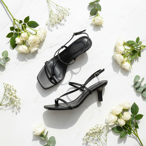 Women's Black Kitten Heel Slingback Sandals – Strappy Square Toe | DDK Glacie