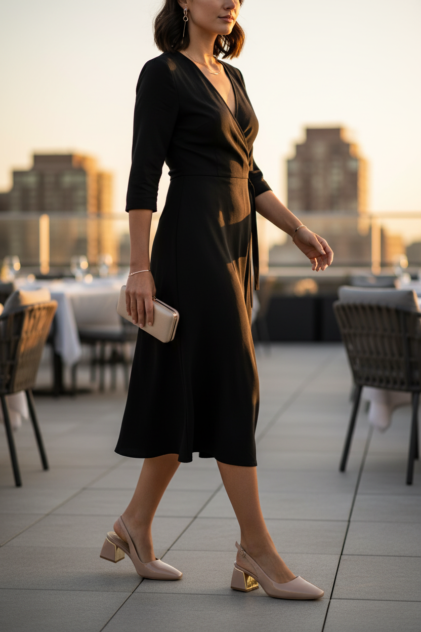 Rooftop lifestyle Nude Square Closed Toe Slingback Low Block Heel