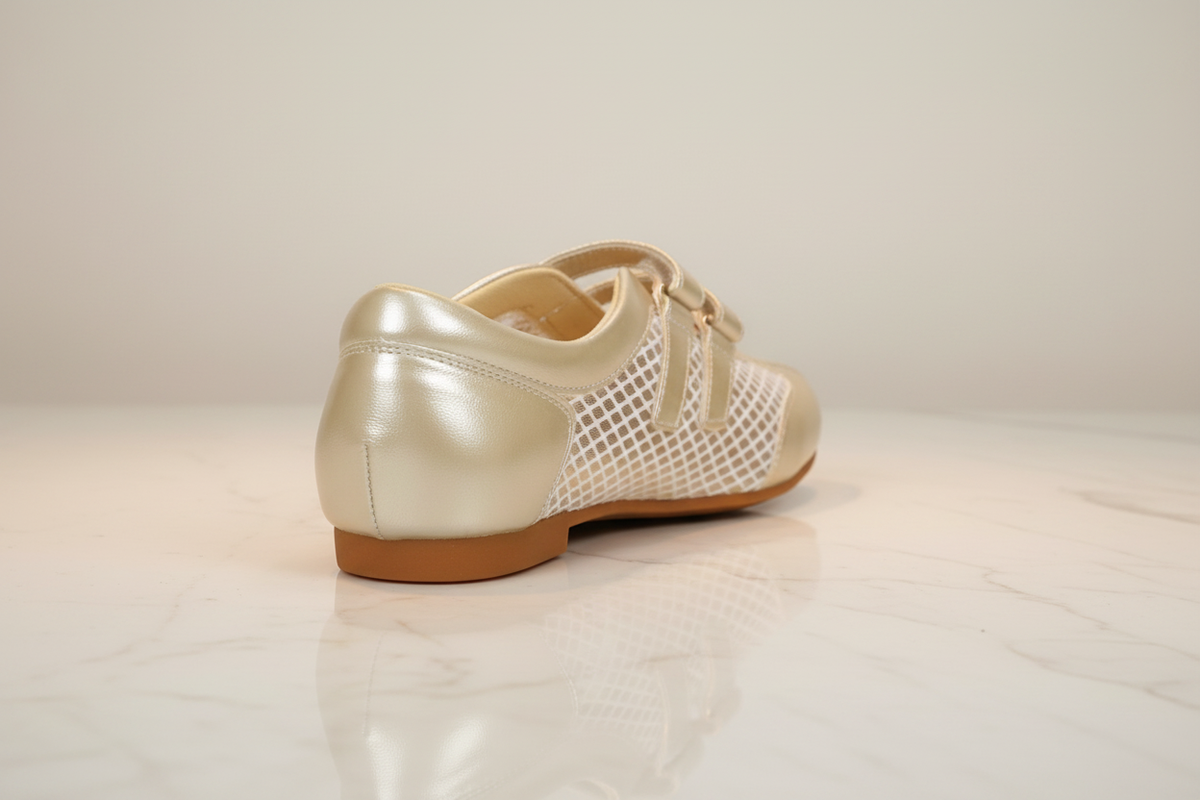 Balleta Pearl Gold Velcro Flats — Women's Mesh Double-Strap Shoes