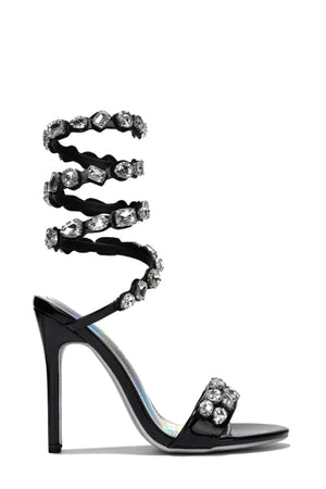 Women's Helia Black Gem Embellished Ankle Wrap-Around Stiletto Heels - Open Toe Sandals