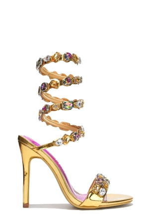 Women's Helia Gold Gem Embellished Ankle Wrap-Around Stiletto Heels - Open Toe Sandals