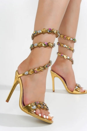 Women's Helia Gold Gem Embellished Ankle Wrap-Around Stiletto Heels - Open Toe Sandals