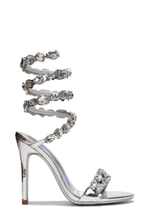 Women's Helia Silver Gem Embellished Ankle Wrap-Around Stiletto Heels - Open Toe Sandals