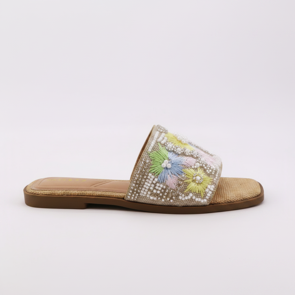 Beige-Multi Slide – Hand-Embroidered Floral Flat Sandal