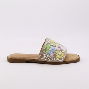 Beige-Multi Slide – Hand-Embroidered Floral Flat Sandal