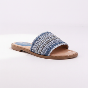  Slide – Blue Braided Raffia Wide-Strap Flat Sandal