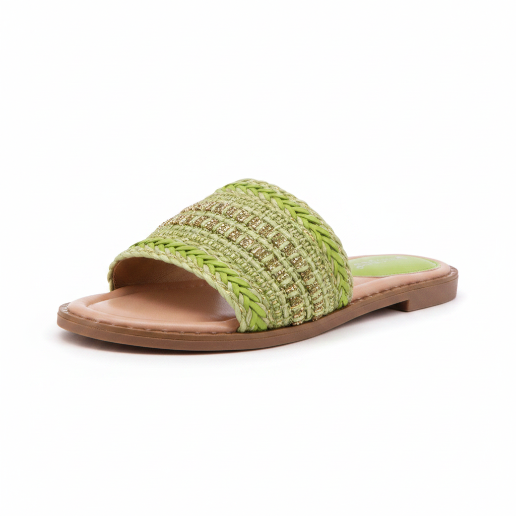 Lime Slide – Braided Raffia Wide-Strap Flat Sandal