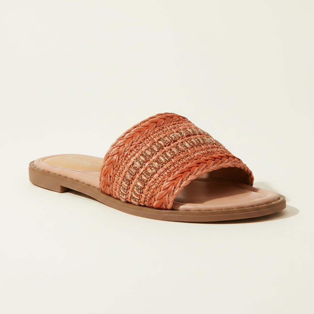 Terracotta Slide – Braided Raffia Wide-Strap Flat Sandal