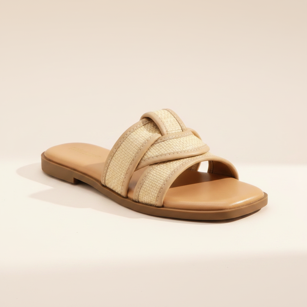 Natural Slide – Woven Raffia Cross-Strap Flat Sandal