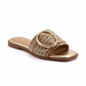 Slide – Multicolour Woven Raffia Flat Sandal with Gold Buckle