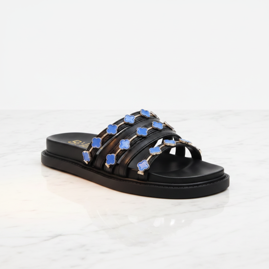 Black Clover Charm Slide Sandals – Embellished Flat Sandals