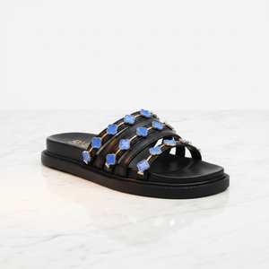 Black Clover Charm Slide Sandals – Embellished Flat Sandals