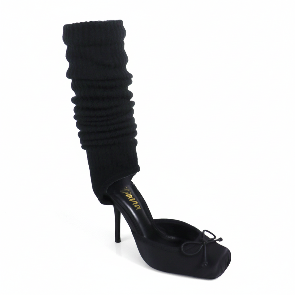 Ruched Sock Stiletto Heels with Open Vamp & Bow Detail | Black