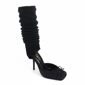 Ruched Sock Stiletto Heels with Open Vamp & Bow Detail | Black
