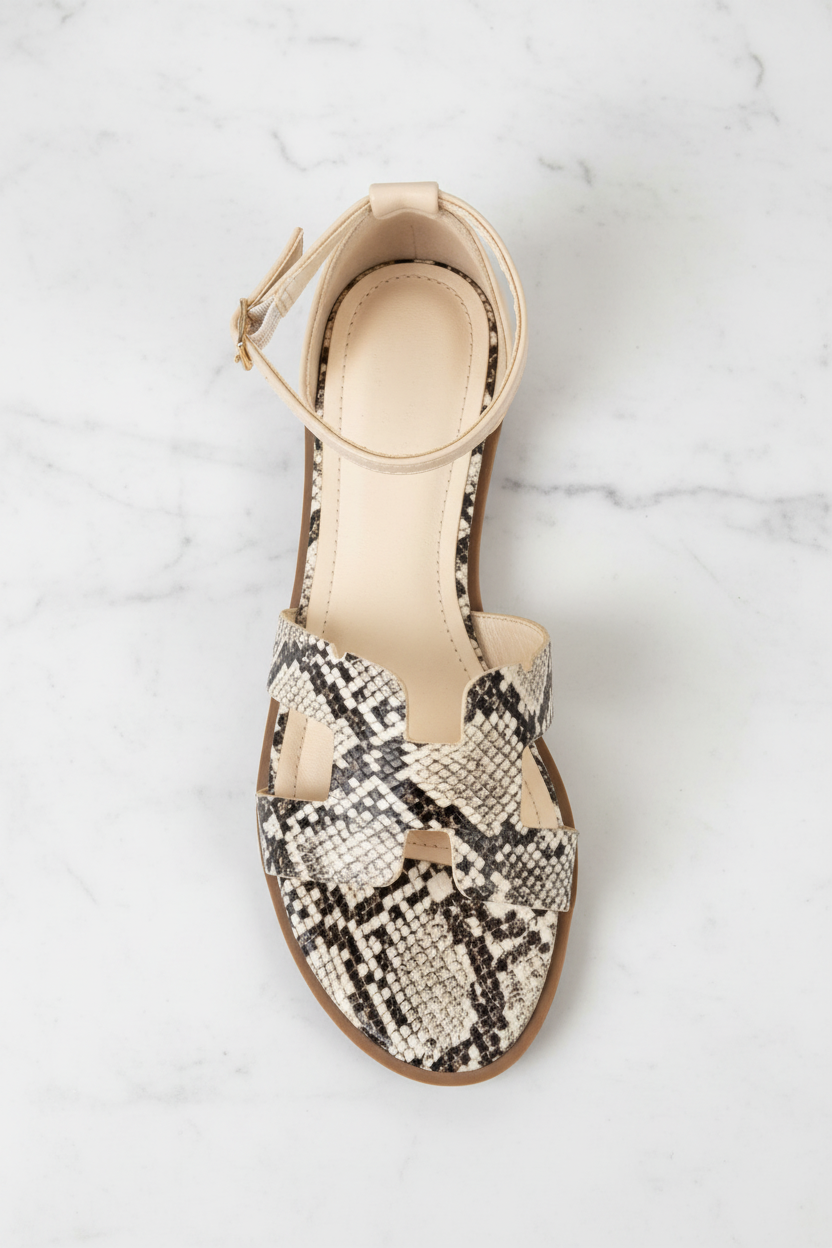 Edmond Snake Print H-Strap Flat Sandals – top-down overhead view showing full sandal on white marble