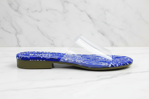 Sierra Blue Bandana Paisley Print Clear Strap Flat Slide Sandals – side profile view on white marble