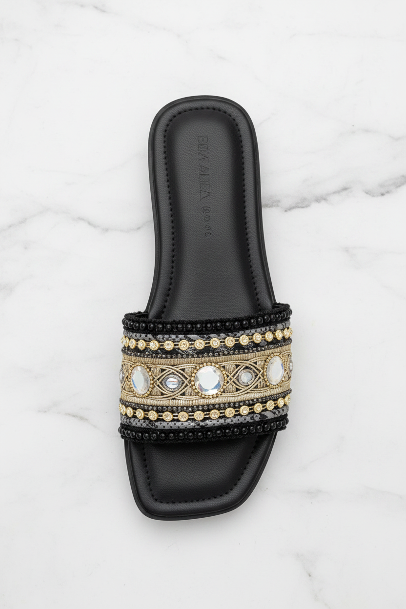 Black Gold Embroidered Crystal Flat Slide Sandals – top-down overhead view showing full sandal on white marble