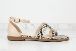 Edmond Snake Print H-Strap Flat Sandals – side profile view on white marble