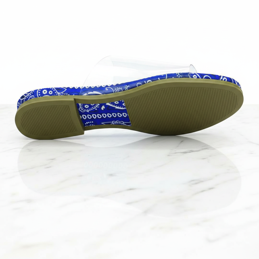 Sierra Blue Bandana Paisley Print Clear Strap Flat Slide Sandals – sole bottom view